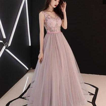 Pink V-Neckline Beaded Tulle With L..