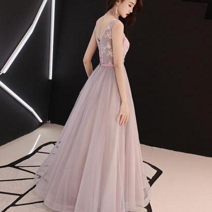 Pink V-Neckline Beaded Tulle With L..