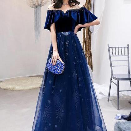 Navy Blue Velvet And Tulle Floor Le..