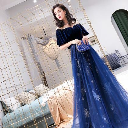 Navy Blue Velvet And Tulle Floor Le..