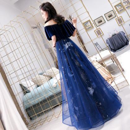 Navy Blue Velvet And Tulle Floor Le..