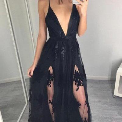 Sexy Prom Dress,Black V Neck Prom Dresses,Sleeveless Tulle And Lace Prom Evening Dresses
