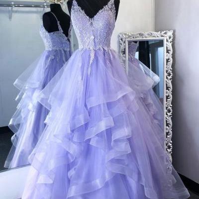 Purpler V Neck Tulle Lace Beads Long Prom Dress Tulle Formal Dress