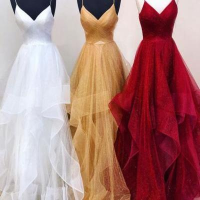 V Neck Spaghetti Straps White / Champagne / Burgundy Prom Dresses, Wedding Dresses, Formal Dresses