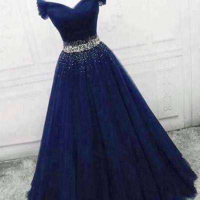 Dark Blue Beaded Tulle A-Line Party Dress, Long Prom Dress