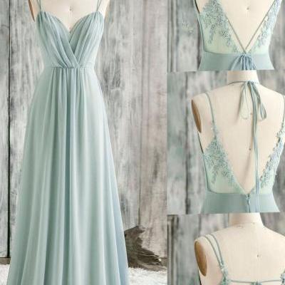Simple Green V Neck Chiffon Lace Long Prom Dress Lace Bridesmaid Dress
