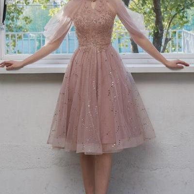Pink Tulle Beads Short Prom Dress Party Dress