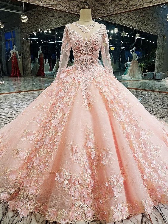 Long Sleeve Appliques Tulle Quinceanera Dresses With Flower, Elegant Beaded Ball Gown Prom Dresses, Formal Evening Dress