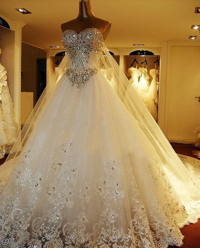 Amazing Luxury Wedding Gowns Bride Dresses Crystals Cathedral Wedding Dresses Free Veil Dresses For Wedding 2023, Wedding Dress