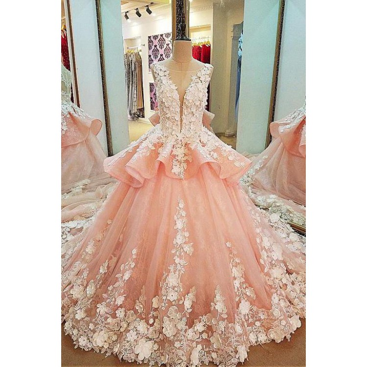 Tulle Lace Scoop Neckline Ball Gown Wedding Dress With Lace Appliques,Quinceanera Dresses