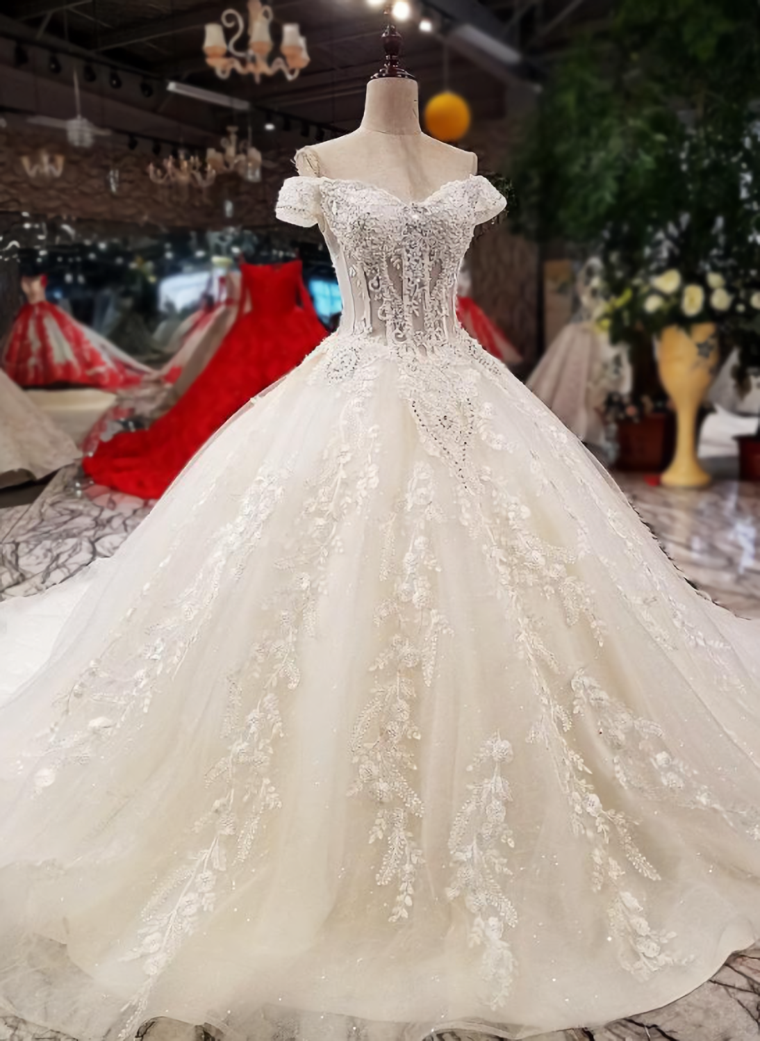 Attractive Tulle Off-The-Shoulder Neckline Ball Gown Wedding Dress With Lace Appliques & Beadings