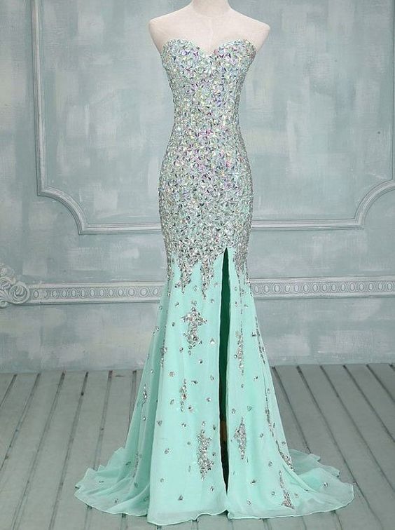 Elegant Mermaid Sweetheart Sweep Train Chiffon Evening / Prom Dress With Beading, Silver Crystals Beaded Prom Dress, Graduation Dresses, Slit Prom Dress, Green Prom Dress, Prom Dresses For Teens
