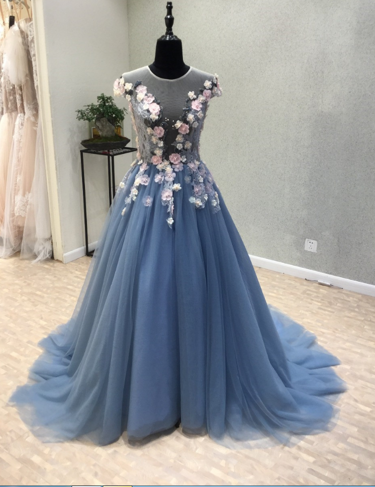 Prom Dresses,A-Line Prom Dresses,Blue Prom Dresses,Hand Flowers Prom Dresses,Court Train Prom Dresses,Evening Dresses,Party Dresses
