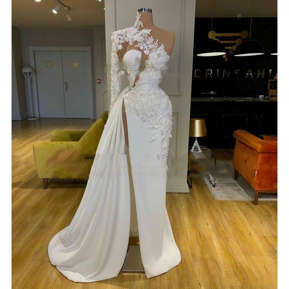 White Prom Dresses, Lace Prom Dresses, Hand Made Flowers Prom Dresses