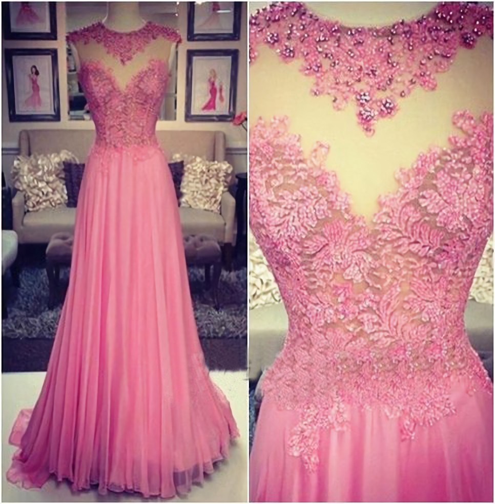 Lace Prom Dresses,Pink Prom Dress,Modest Prom Gown,A Line Prom Gown ...