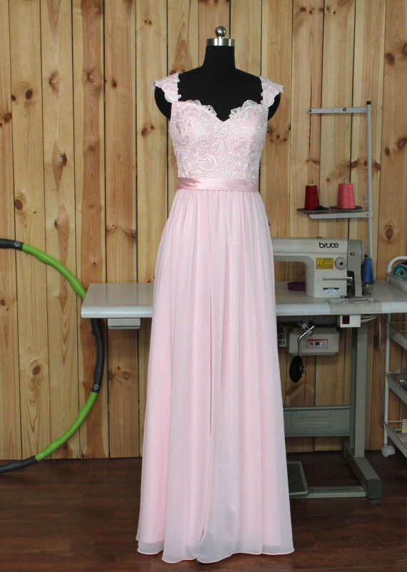 Pale Pink Bridesmaid Dress, Lace Chiffon Prom Dresses,Wedding Party Dress With Straps, Long Formal Dress, Prom Dress,A Line Prom Dresses,Bridesmaid Dress