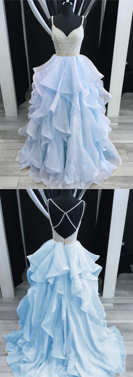 Baby Blue Prom Dresses Ballgowns Organza Ruffles V-Neck With Beaded And Cross Back