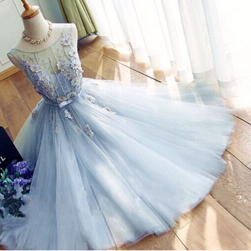Light Blue A Line Sheer See Through O Neck Sleeveless Tulle Prom Dress Real Photo Pearls Short Prom Dresses