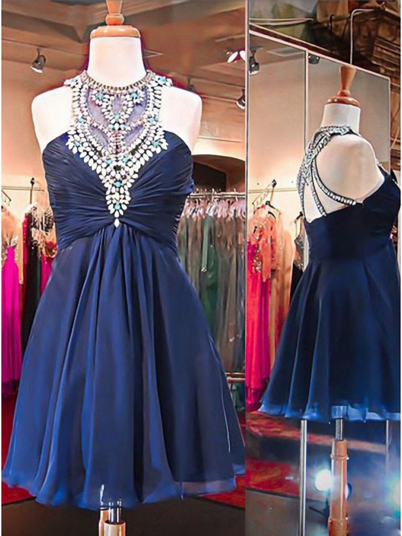 Tulle Prom Gown,Cute Prom Dress,Dark Blue Mini Prom Party Dress,O Neck Beaded Prom Gowns