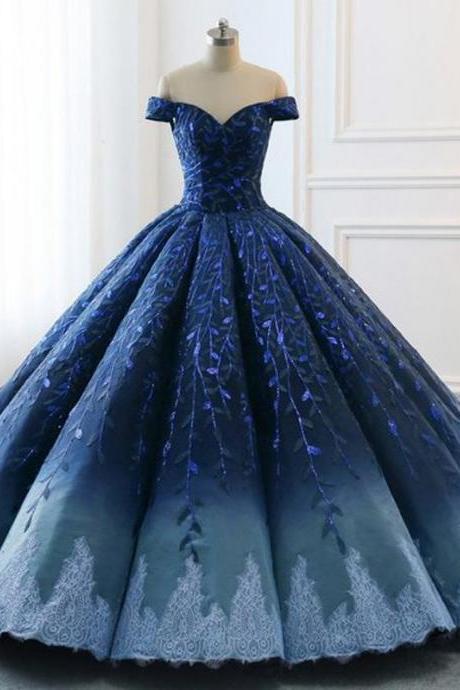 Navy Lace Applique Off Shoulder Ball Gown Princess Prom Dresses