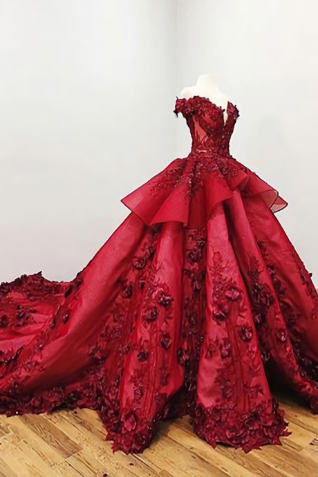 Red Prom Gown,Ball Gown Prom Dress With Beads, Quinceanera Dresses,Sweet 16 Dresses