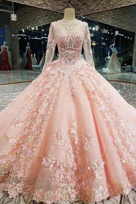 Long Sleeve Appliques Tulle Quinceanera Dresses With Flower, Elegant Beaded Ball Gown Prom Dresses, Formal Evening Dress