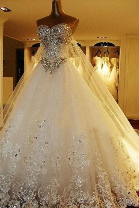 Amazing Luxury Wedding Gowns Bride Dresses Crystals Cathedral Wedding Dresses Free Veil Dresses For Wedding 2023, Wedding Dress