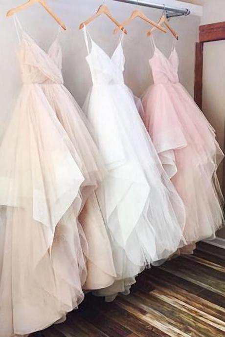 Gorgeous A-Line V-Neck Spaghetti Straps Long Wedding Dress,2023 Wedding Dress, Pink Wedding Dress, Long Wedding Dress, White Wedding Dress, Champagne Wedding Dress