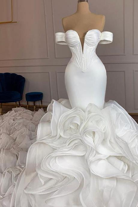 Elegant Mermaid African Women Wedding Dresses 2023 Off The Shoulder Ruffles High Quality Satin Birdal White Wedding Gowns