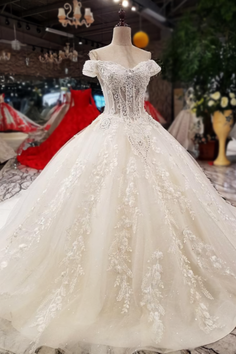 Attractive Tulle Off-The-Shoulder Neckline Ball Gown Wedding Dress With Lace Appliques & Beadings