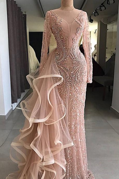 2023 Gorgeous Champagne Pink Long Sleeves Mermaid Formal Mother Prom Dress, Evening Dress With Ruffles