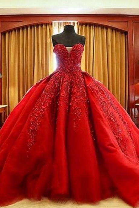 Gergeous Appliques Red Ball Gown Wedding Dress, Tulle Beaded Bridal Dresses