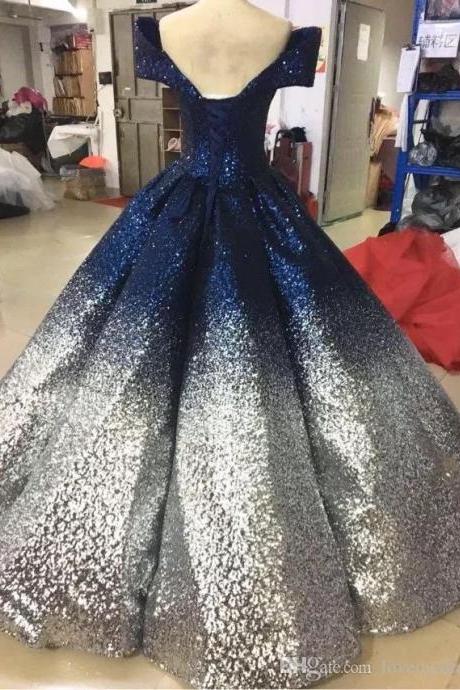 Stunning Navy Gold Prom Evening Dresses 2023 Sequined Dress With Short Sleeve Gradient Ombre Designer Ball Gowns For Women Formal Pageant
