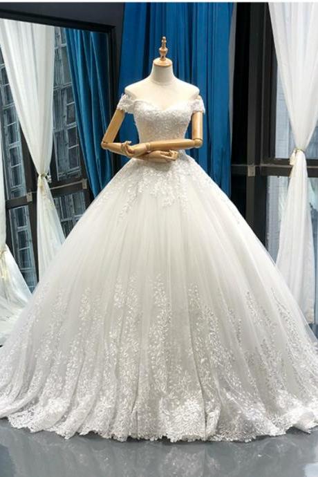 White Ball Gown Tulle Appliques Off The Shoulder Wedding Dress With Train