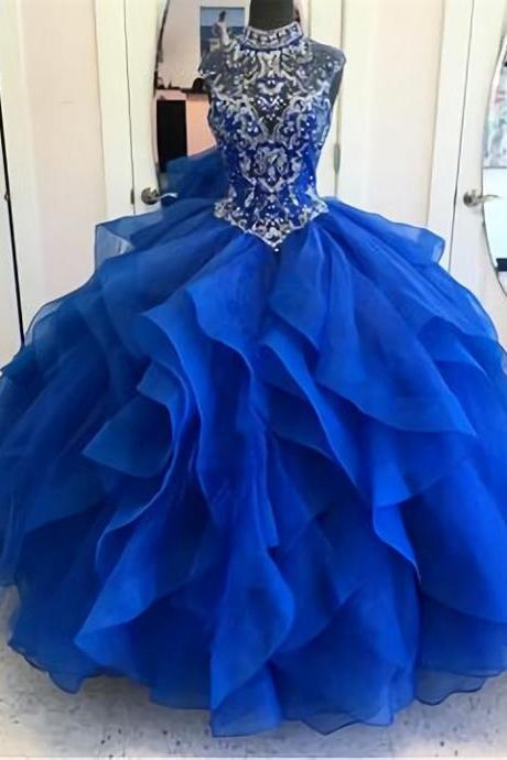 High Neck Crystal Beaded Bodice Corset Organza Layered Quinceanera Dresses Ball Gowns 2023