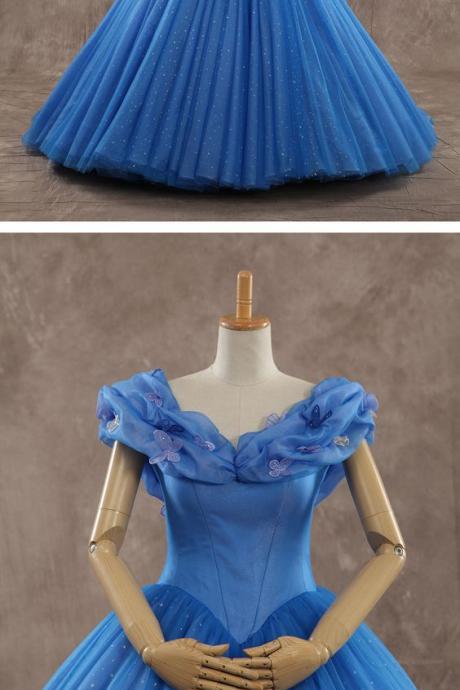 Dreamy Off The Shoulder Basque Train Tulle Blue Glow Sleeveless Quinceanera Dress With Appliques