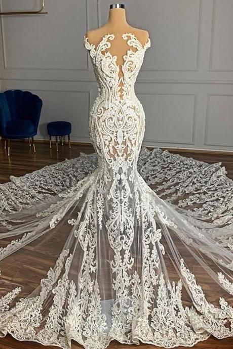 Vintage Full Lace Illusion Bridal Wedding Dresses 2023 Sheer Neck Sleeveless Court Train Zipper Back Custom Made Wedding Gowns