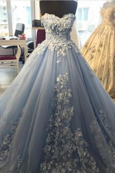Elegant Lace Appliques Light Blue Tulle Ball Gowns Prom Dresses 2023