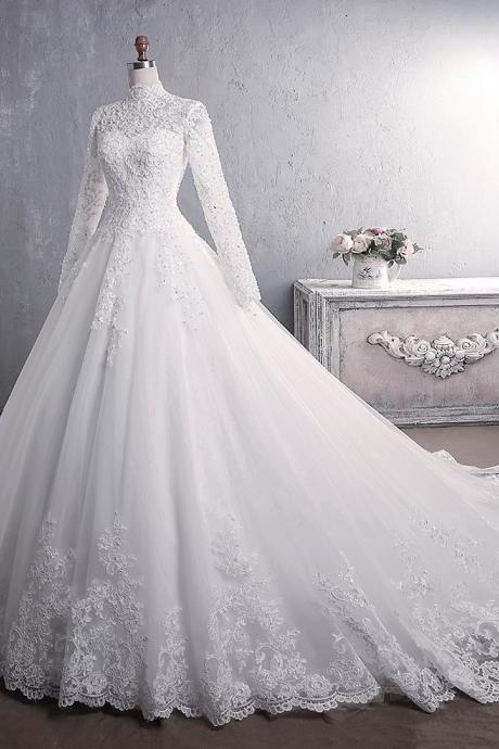 Lace Wedding Dress, New Style, High Neck Long Sleeve Wedding Dress,Custom Made