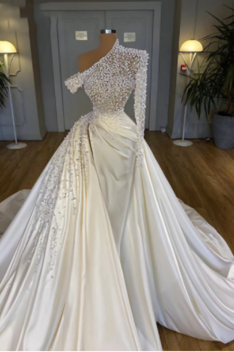 Satin Wedding Dresses Dubai Pearls Beads High Quliaty 2023 Mermaid With Sleeves Long Train African Bride Bridal Gowns Plus Size