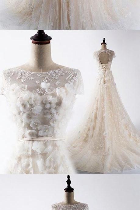 A-Line Round Cap Sleeves Light Champagne Wedding Dress With Appliques