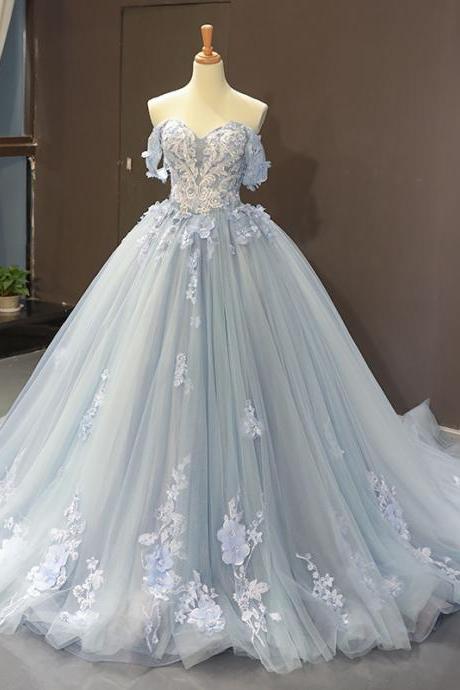Glamorous Ball Gown Off The Shoulder Light Blue Long Prom / Evening Dress With Appliques