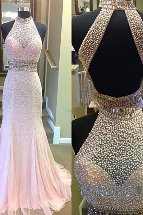 2023 Elegant High Neck Halter Pearl Beaded Pink Chiffon Prom Dress, Ball Gown, Prom Dresses Long, Beading Prom Dress, Senior Prom Dress, Prom Dresses For Teens, Party Dresses