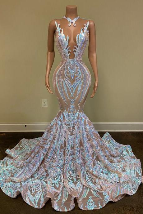 Long Sparkly Prom Dresses 2023 Sheer O-Neck Sleeveless Real Picture African Black Girls Mermaid Prom Gala Gowns