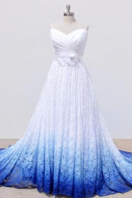 Beach Wedding Dresses Sweetheart Lace Applique Blue Ombre Garden Bridal Wedding Dress,