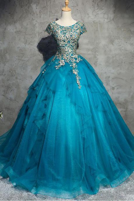Unique Blue Tulle Lace Top Round Neck Winter Formal Prom Dresses, Modest Quinceanera Dress, Long Evening Dress With Sleeves