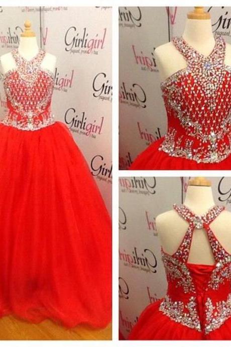 2023 Red Little Girls Pageant Dresses With Beaded Crystals Halter Floor Length Flower Girl Dresses With Corset Back