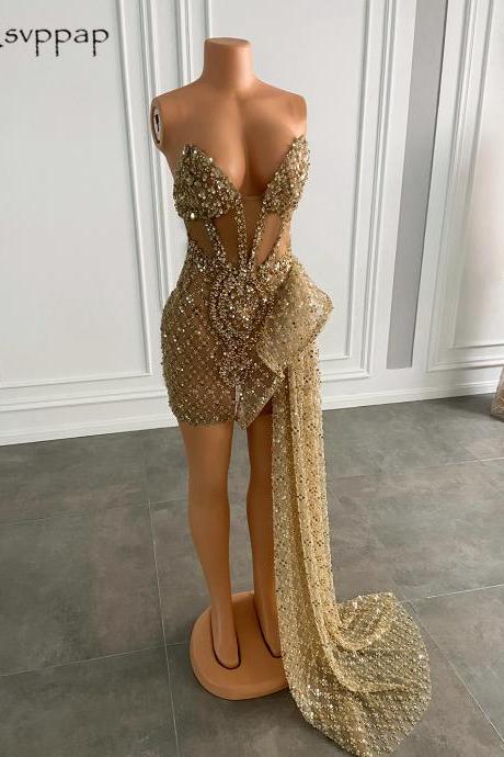 Sparkly Sweetheart Sleeveless Gold Sequined African Black Girls Short Prom Dresses 2023 With Side Train For Birthday