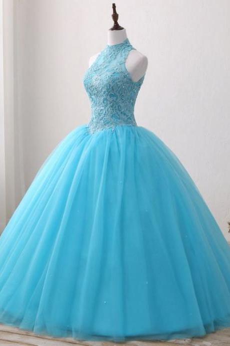 Blue Lace O Neck Strapless Long Tulle Quinceanera Dress, Formal Prom Gown