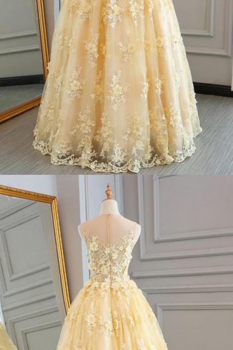 Yellow Tulle Lace Prom Dress, Ball Gown, 2023 Prom Dresses,256